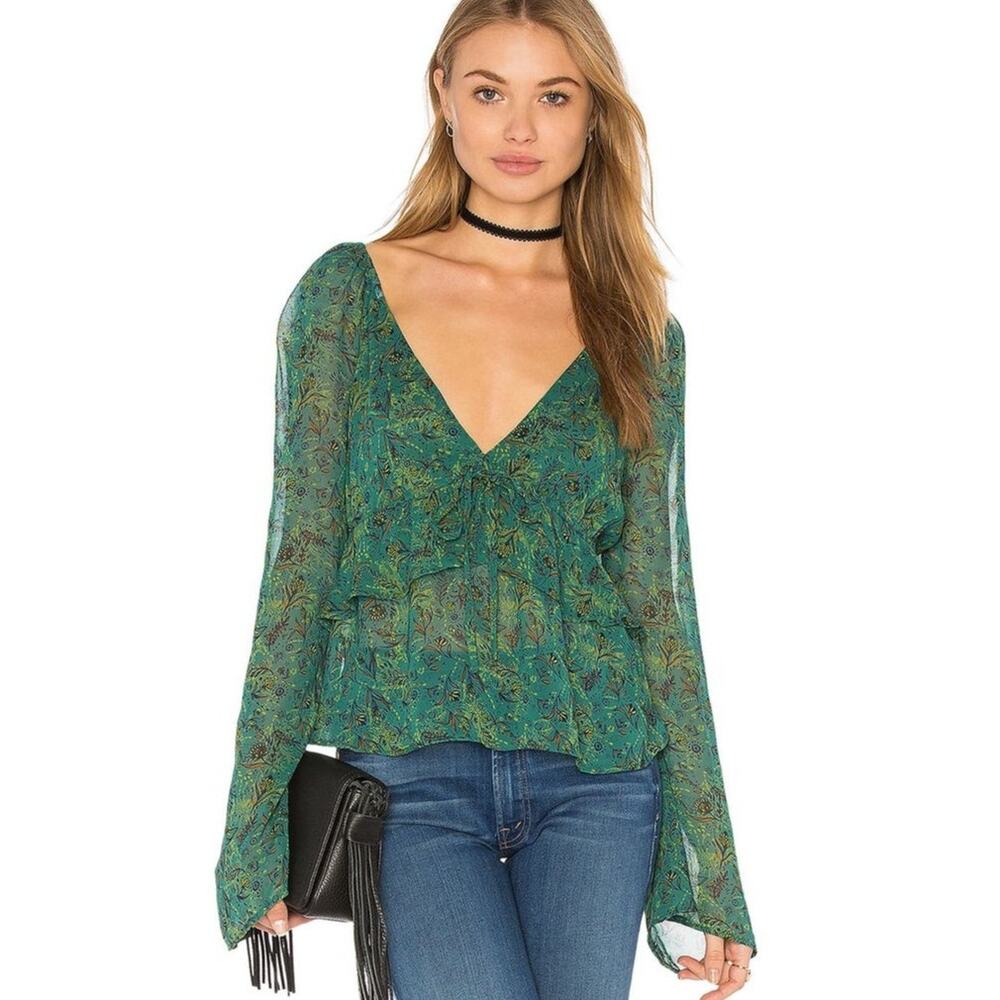 NWT Free People Uptown Bell Sleeve Flowing Peplum Style Blouse in Green
